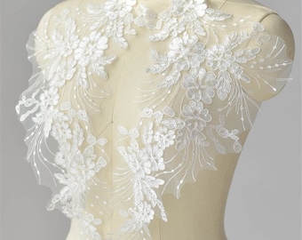 Lace appliqué ivory white beige floral wedding dress lace appliqué sequined lace bridal gown evening dress