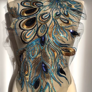 Large Sequin Lace Applique Peacock Feathers Embroidered Blue Green Gold Embroidery Evening Dress Dance Dress Freestyle Dress Figure Skating Dress