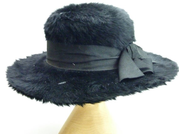 Antique Black Edwardian Angora Fur Hat with Ribbo… - image 2