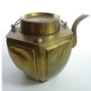 Vintage Brass Teapot Hexagon Decorative Asian 6 Sided Double Handle Heavy Patina