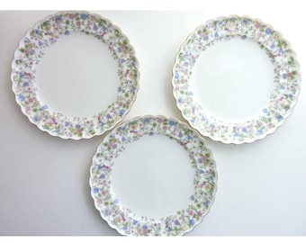 Juego de 3 platos llanos vintage de porcelana japonesa Momoyama con diseño de pájaros y flores.
