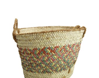 Vintage Woven Open Basket with Jute Handles Rustic Boho Decor Storage Container Towel Holder Farmers Market Tote