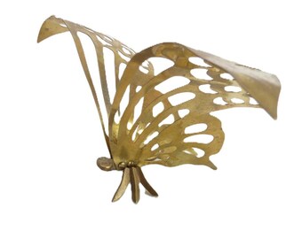 Vintage Brass Butterfly Figurine 10 Inch Wingspan Mid Century Modern Decor Filigree Metal Insect Tabletop Display Shelf Accent