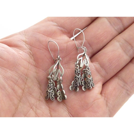 Vintage Silver Tone Filigree Dangle Earrings, Del… - image 4