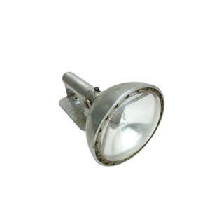 May include: A silver-colored metal spotlight featuring a large, circular, reflective glass lens and a textured cylindrical handle. The light is attached to a flat, rectangular metal base plate with a visible screw, designed for mounting purposes.