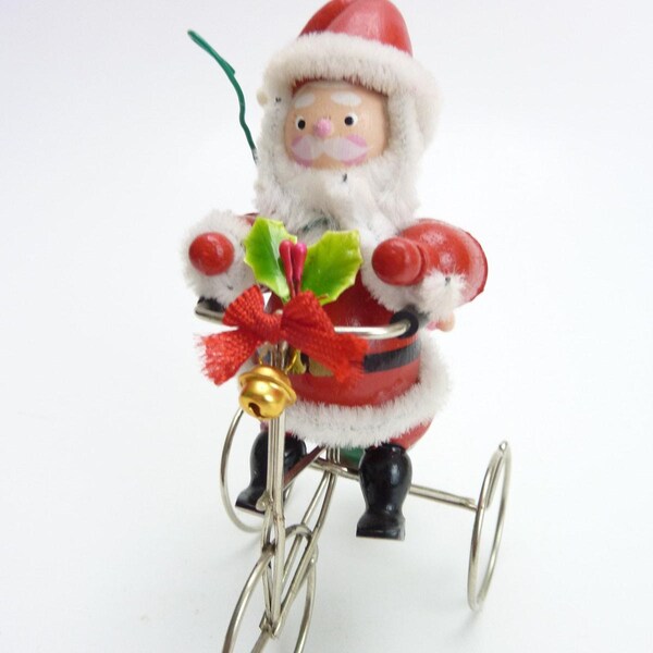 Vintage Santa Claus On Bike Christmas Ornament Hand Made Wood Pipe Cleaner Trim
