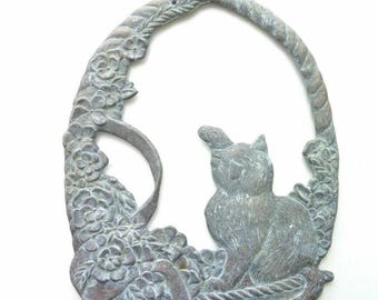 Vintage Brutalist Metal Cat Wall Decor Kitten in Flower Basket Garden Art 8.5"