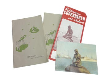 Vintage Denmark Copenhagen Travel Ephemera Lot 1961 Brochure Little Mermaid Postcard 1958 Mogens Lind Booklet MCM Scandinavian Paper