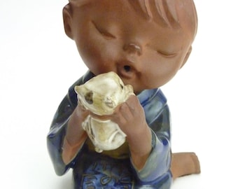 Vintage 1970s Japan Glazed Terracotta Girl with Cat