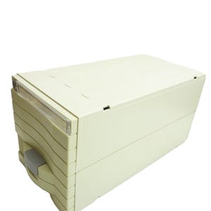 May include: A rectangular, off-white plastic storage unit featuring a single pull-out drawer with a clear front panel and a small gray handle. The exterior casing has a smooth, solid finish with subtle horizontal molded lines along the drawer front.