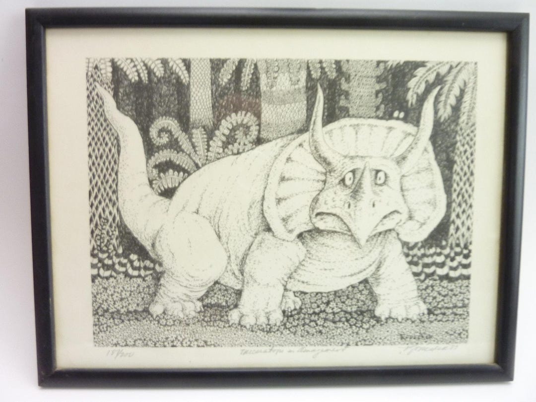 Vintage Signed Rodecker Print Triaceratops in Amazement Framed Dinosaur ...