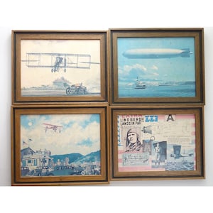 Vintage Framed Pictures of Early Aviators Lindbergh Graf Zeppelin, Kitty Hawk