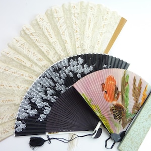 Vintage Battenburg Lace Wedding Bridal Fan + Paper Goldfish fan + Cherry Blossom
