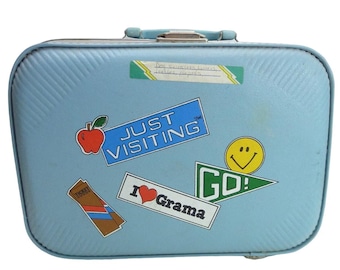 Vintage Blue Hard Shell Childrens Suitcase I Heart Grama Retro Travel Storage