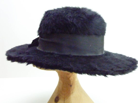 Antique Black Edwardian Angora Fur Hat with Ribbo… - image 4