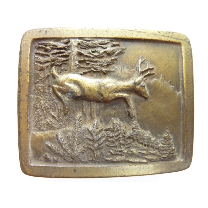 Vintage Indiana Metalcraft Belt Buckle Deer Stag in Forest 1977 Brass