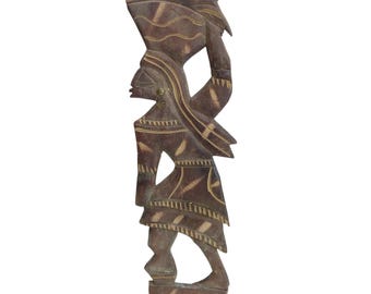 Vintage African Flat Wood Carving Woman with Basket Wall Art Sculpture Relief Folk Art Decor