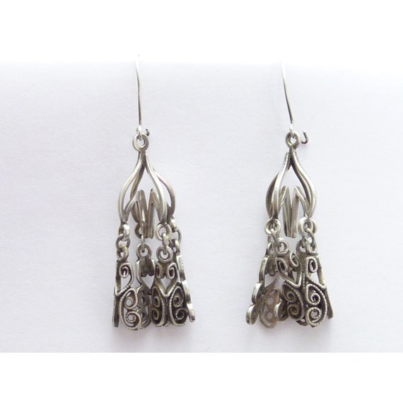 Vintage Silver Tone Filigree Dangle Earrings, Del… - image 1