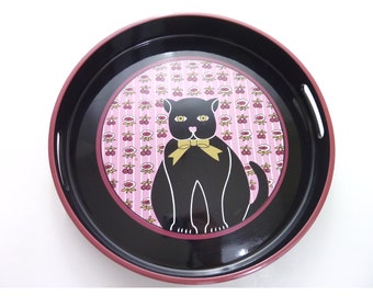 Vintage Japan Cat Tray Round Lacquer Serving Tray