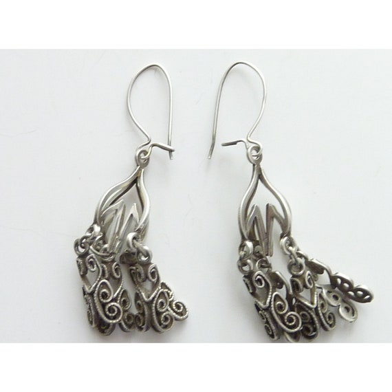 Vintage Silver Tone Filigree Dangle Earrings, Del… - image 3