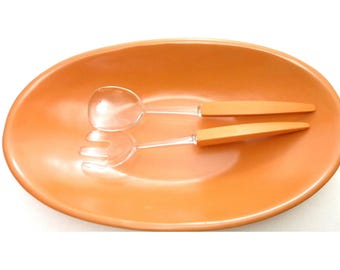 Juego de boles para servir MCM Nasco color naranja, estilo vintage, grandes, de 49,5 cm (19,5 pulgadas), para ensalada, con pinzas, fabricado en Japón.