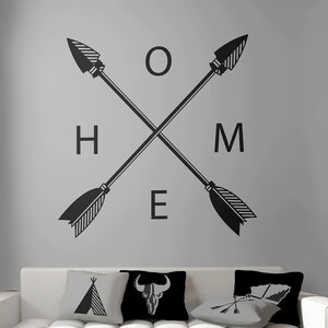 May include: A gray wall with a black graphic of crossed arrows and the word "HOME". Below, a white sofa displays decorative pillows with tribal designs. The image is from NativeRoar.com.