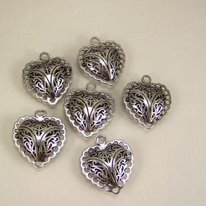 Heart lockets, 6 Open work lockets, Silver filigree lockets, Destash lockets, Puffy heart locket, Reversible locket, Prayer or scent locket