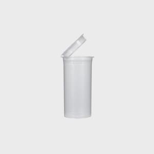 May include: A clear, cylindrical pop-top container with a hinged lid in the open position. The container is made of translucent plastic and is designed to hold small items. The background is a solid, neutral color.