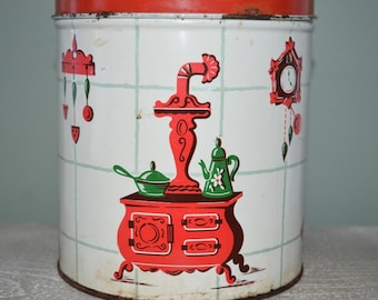 Decoware 1950's Vintage Tin Cannister Red White Green Wood Cookstove Motif 6.75"