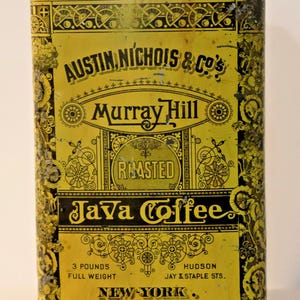 May include: Vintage rectangular coffee tin with a yellow background and black lettering. The tin reads "AUSTIN, NICHOLS & CO'S", "Murray Hill", and "Java Coffee". The tin also states "3 POUNDS FULL WEIGHT" and "NEW-YORK".