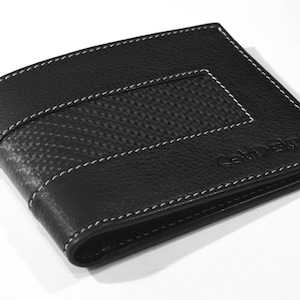 Cartera de piel de plena flor con detalles de fibra de carbono auténtica y flexible