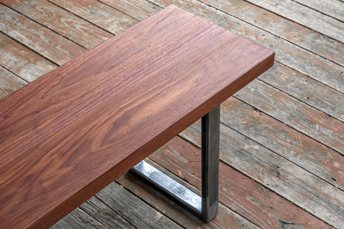 Walnut Wood Bench Metal Legs Modern Etsy