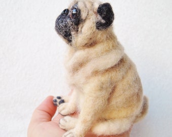 Needle Felted Pug Sculpture: Custom Pet Portrait