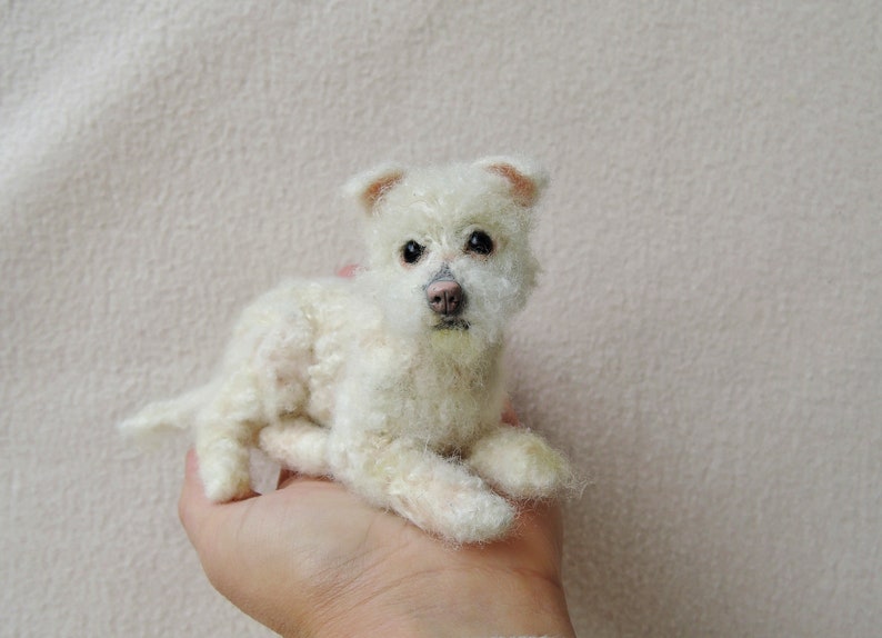 Bolognese felted pet portrait Bichon Havanese laying sculpture Needle felted dog sculpture