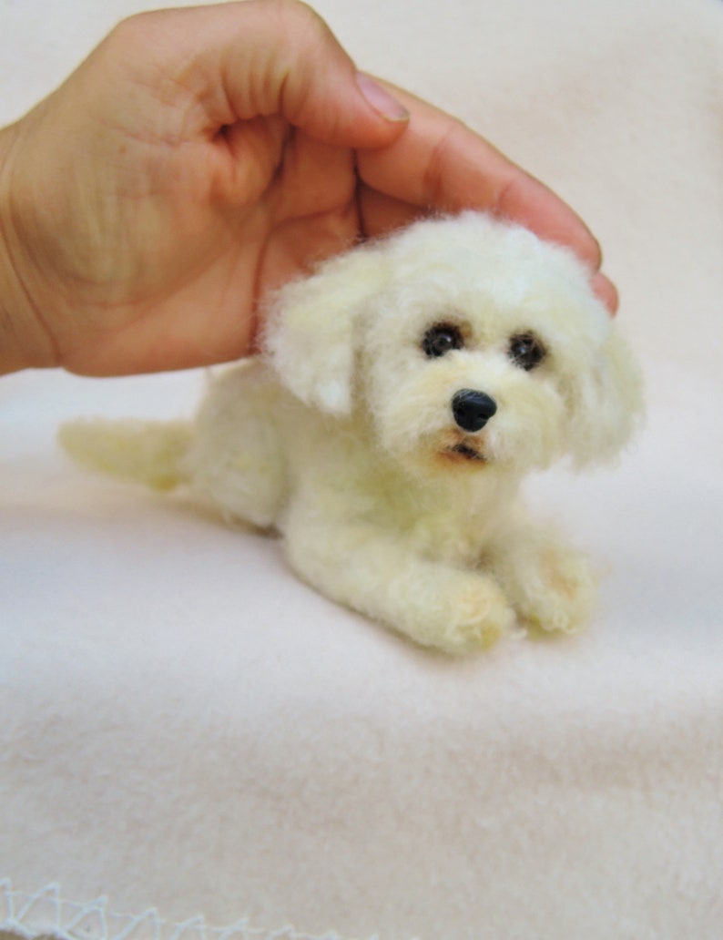 Bolognese felted pet portrait Bichon Havanese laying sculpture Needle felted dog sculpture