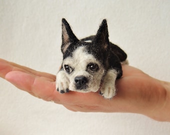 Needle felted dog sculpture - Boston Terrier - Bull Terrier laying sculpture - felted pet portrait