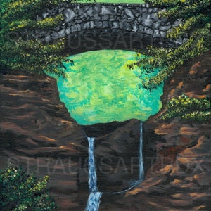Secluded Cobblestone Bridge | Giclee Print | Landscape Fine Art Print | Wall Art | Acrylic Painting | Waterfall | Forest | Bridge