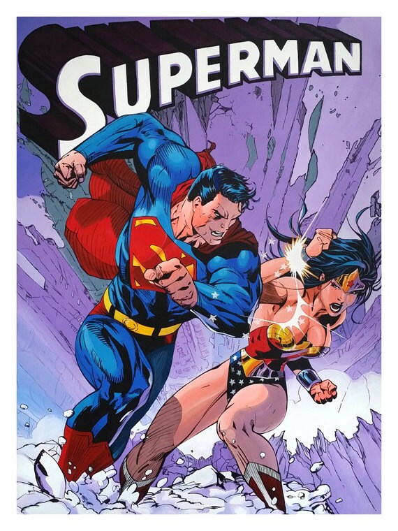Superman Wonder Woman Comic Art 12 X 16 Pop Art Etsy