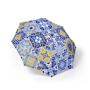 Umbrella with Portuguese Tiles Print, Rainy Day Accessories, Foldable Portable Parasol, Travel Rain Gear, Colorful Compact Canopy, Weather
