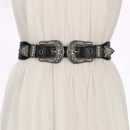 Boho Silver Buckle Belt Black Leather Belt Women Boho Etsy