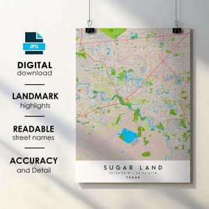 Sugar Land TX Stadt Karte Print Poster mit Straßenname Sofortiger digitaler Download, Sugar Land Texas druckbare Karte