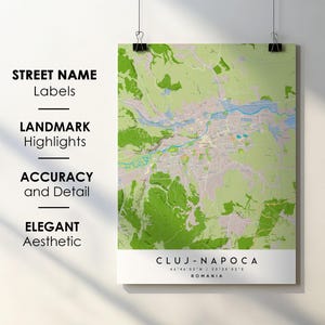 Stadskaart van Cluj-Napoca, Roemenië, posterkunst afdrukken met straatnaam - kaart van Europa - afdrukbare kaart instant digitale download downloaden