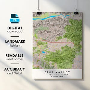 Simi Valley CA-stadskaart print poster met straatnaam instant digitale download, afdrukbare kaart Simi Valley Californië