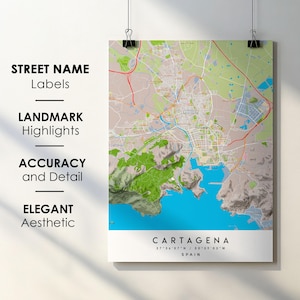 Póster impreso con mapa de la ciudad de Cartagena, España, con nombre de calle - Mapa de Europa - Descarga digital instantánea - Mapa imprimible