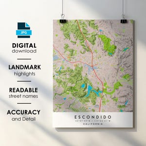 Escondido CA City Map Print Poster with Street Name Instant Digital Download, Escondido California Printable Map