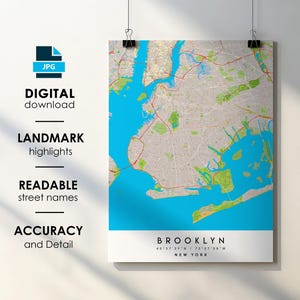 Brooklyn NY-stadskaart print poster met straatnaam instant digitale download, afdrukbare kaart Brooklyn New York
