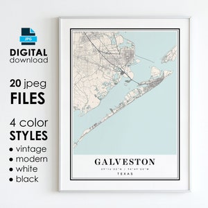 Galveston Texas City Map Art Print: Modern, Vintage, Black, White (Digital Download)