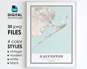 Galveston Texas City Map Art Print: Modern, Vintage, Black, White (Digital Download)