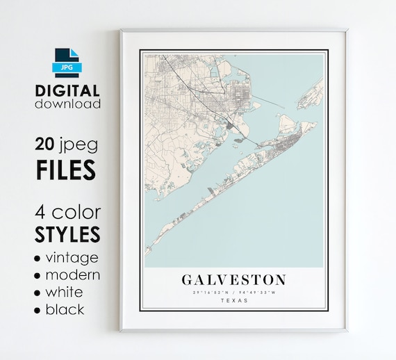 Galveston Texas City Map Art Print: Modern, Vintage, Black, White (Digital Download)