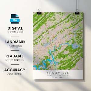Knoxville TN City Map Print Poster with Street Name Instant Digital Download, Knoxville Tennessee Printable Map
